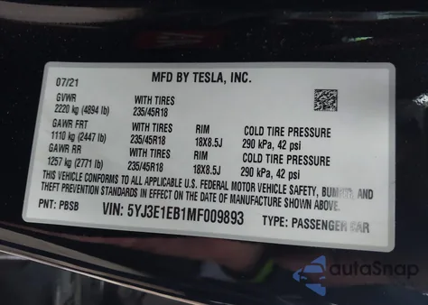 2021 Tesla Model 3 Long Range Dual Motor All-Wheel Drive z USA, uszkodzony, nr VIN 5YJ3E1EB1MF009893